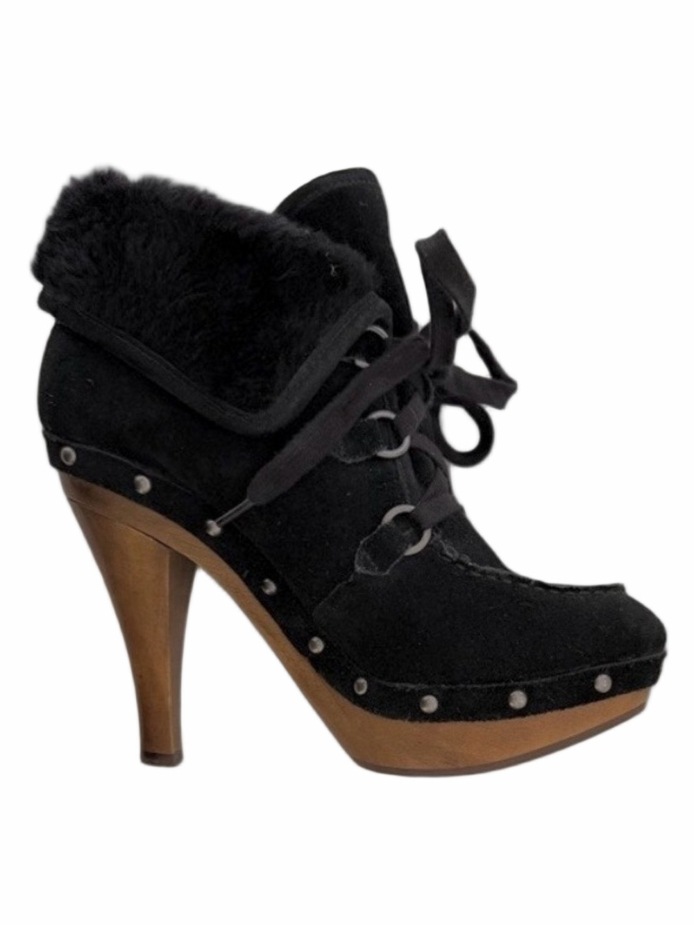 Guess Y2K Suede Lace Up Wood Heel Boot Black Size 9.5 Vintage Platform High Heel